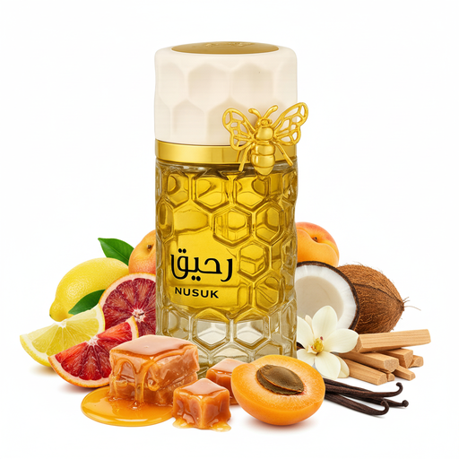 Perfume con notas de limón, miel, naranja sanguina, chabacano, caramelo, coco, magnolia, vainilla absoluta, sándalo y almizcle