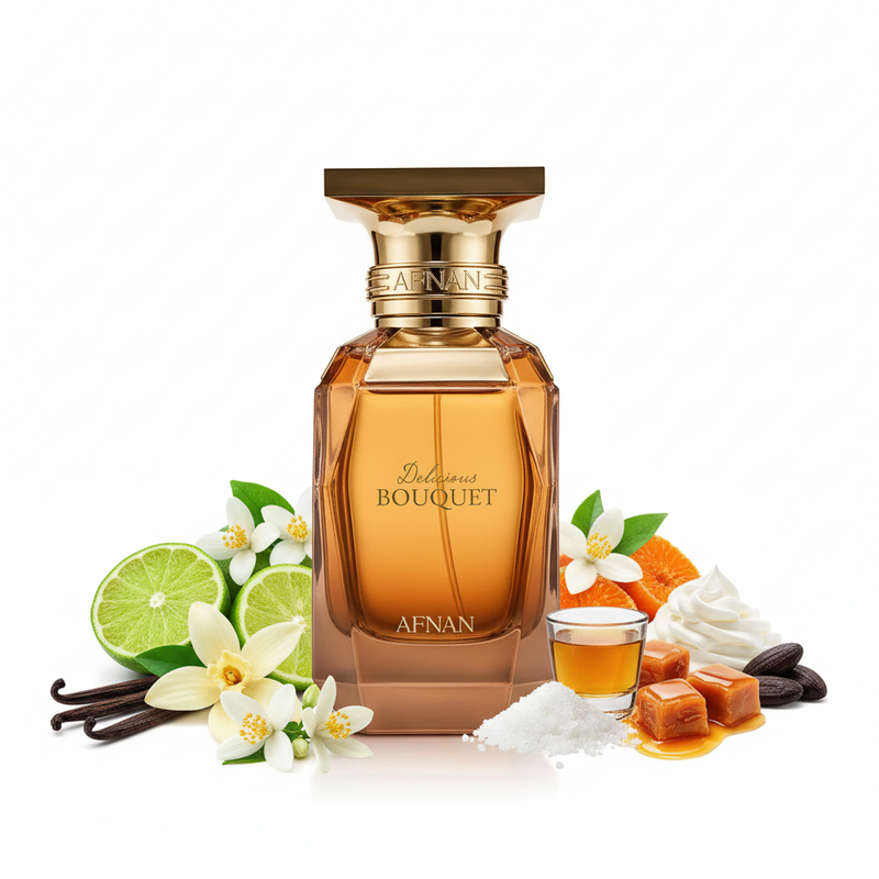 Perfume con notas de limón, vainilla, bergamota, flores blancas, azúcar, ron, flor de azahar del naranjo, miel, crema batida, caramelo, haba tonka y almizcle