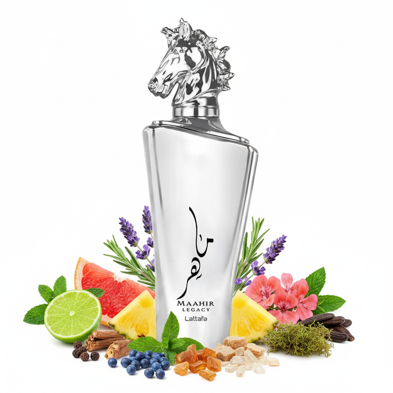 Perfume con notas de lima, menta, toronja, lavanda, piña, pimienta negra, baya de enebro, romero, geranio, incienso, ambroxan, vetiver, musgo de roble, haba tonka y cachemira