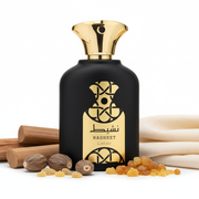 Perfume con notas de madera de guaiac, nuez moscada, incienso, cachemira y sándalo