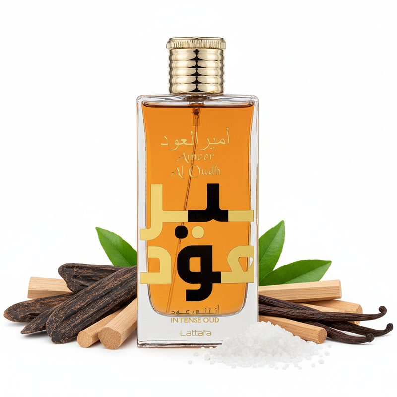 Perfume con notas de madera de oud, acordes amaderados, azúcar, vainilla, sándalo y notas herbales
