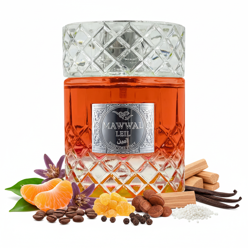 Perfume con notas de mandarina, davana, café, mirra, pimienta negra, sándalo, haba tonka, almizcle y vainilla