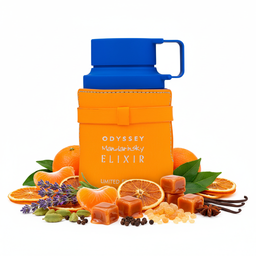 Perfume con notas de mandarina, lavanda, naranja, cardamomo, pimienta negra, caramelo, haba tonka, incienso, pachulí, vainilla y vetiver