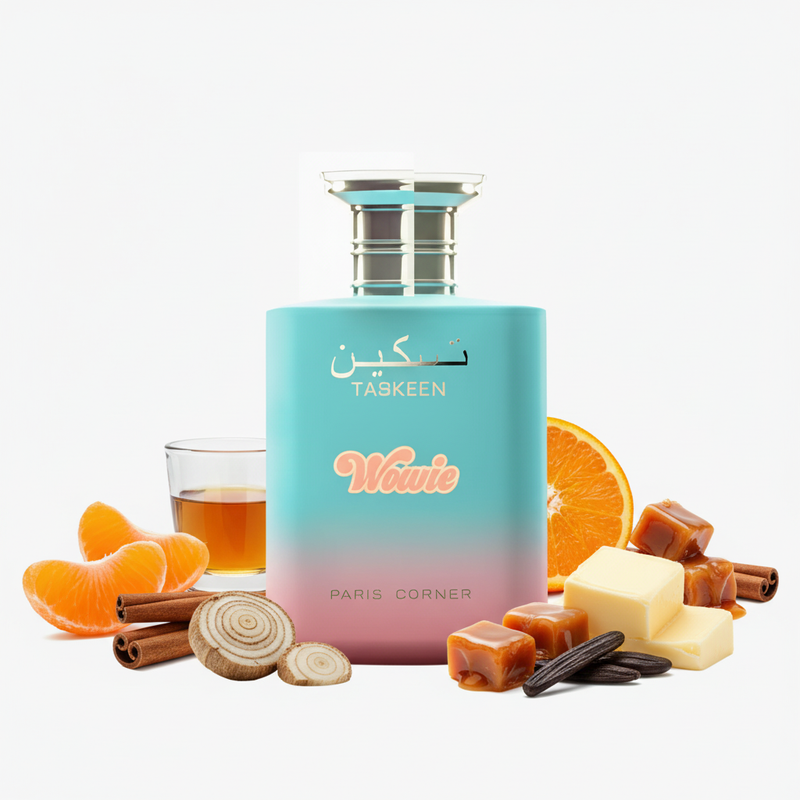 Perfume con notas de mandarina, naranja, aldehídos, canela, ron, raíz de lirio, mantequilla, caramelo y haba tonka