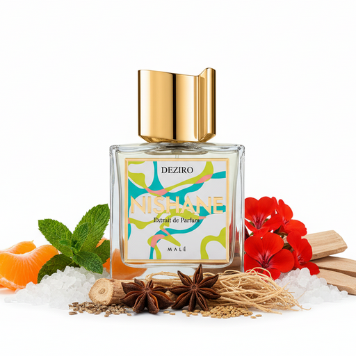 Perfume con notas de mandarina, notas marinas, Ambroxan Super, menta, cipriol, anís estrellado, geranio, semillas de zanahoria, vetiver de Haití, Ambrettolide y sándalo