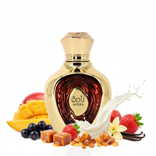 Perfume con notas de mango, grosellas negras, caramelo, fresa, leche, vainilla, ámbar y benjuí