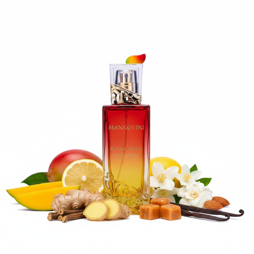Perfume con notas de mango, limón, jengibre, flores blancas, regaliz, almizcle, caramelo, nueces y vainilla