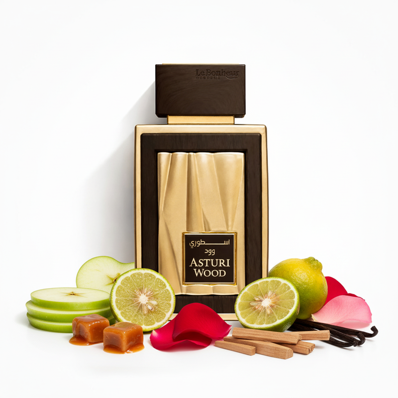 Perfume con notas de manzana, caramelo, bergamota, rosa, sándalo, vainilla y almizcle