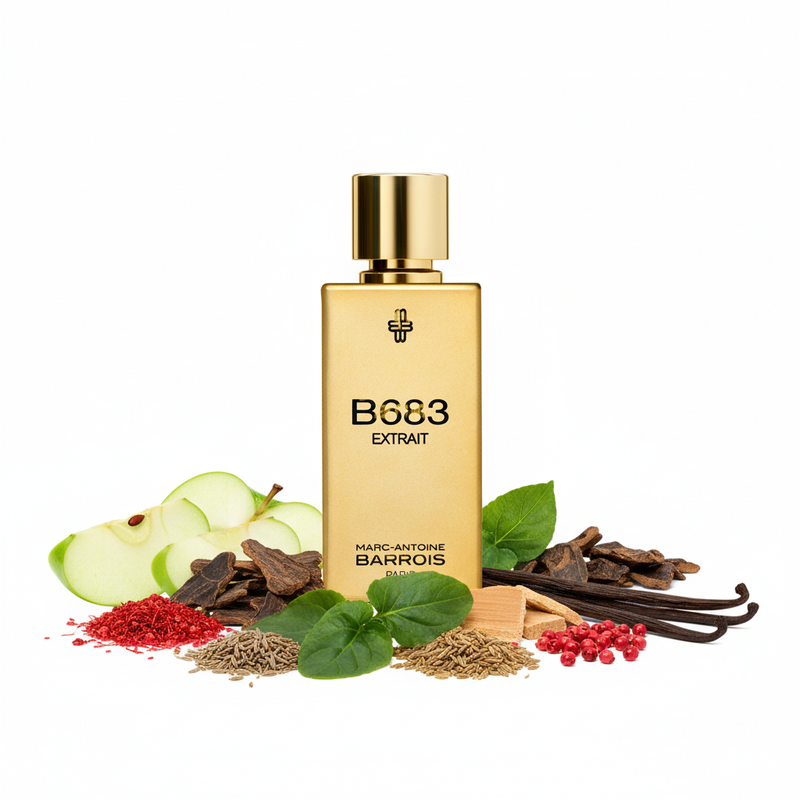 Perfume con notas de manzana verde, safraleína, madera de oud, hojas de violeta, hojas de pachulí de Indonesia, comino, pimienta rosa, sándalo australiano y vainilla