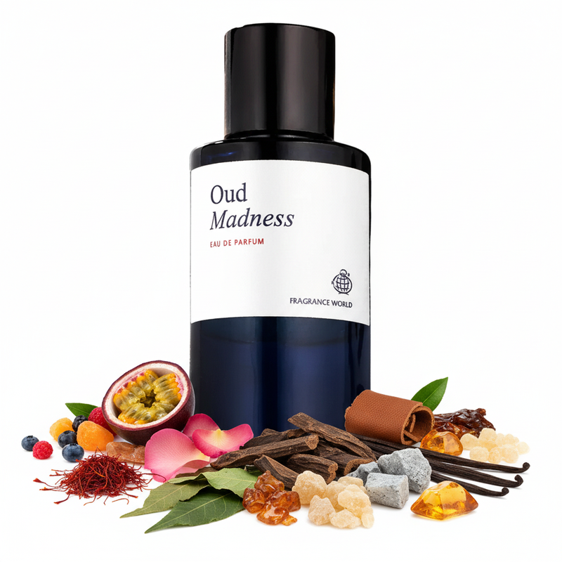 Perfume con notas de maracuyá, frutas, azafrán, rosa turca, oud, hojas de pachulí de Indonesia, benjuí, cuero, Akigalawood, ámbar gris, vainilla, ládano y ámbar