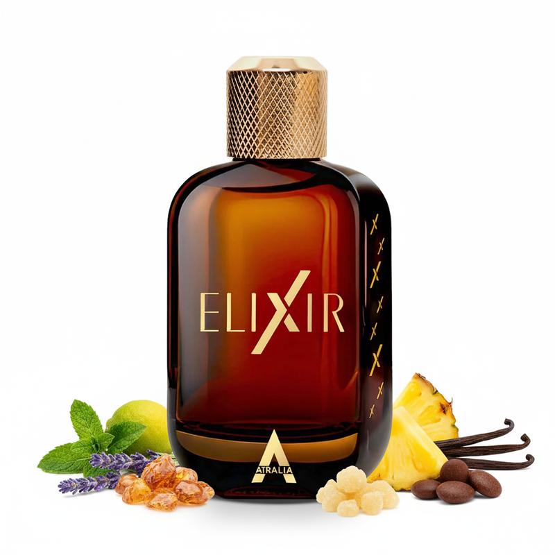 Perfume con notas de menta, lavanda, bergamota, ámbar, benjuí, piña, vainilla, haba tonka y almizcle