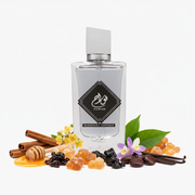 Perfume con notas de miel, canela, osmanto, ámbar, benjuí, ládano, davana, vainilla, haba tonka, pachulí y almizcle