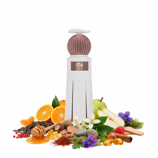 Perfume con notas de miel, oud, pimienta rosa, elemí, nuez moscada, bergamota, mandarina, madera de cachemira, flor de azahar, azafrán, jazmín, canela, pachulí, vetiver, cuero, frambuesa, ámbar gris, ámbar, musgo de roble, sándalo, almizcle, violeta y pera