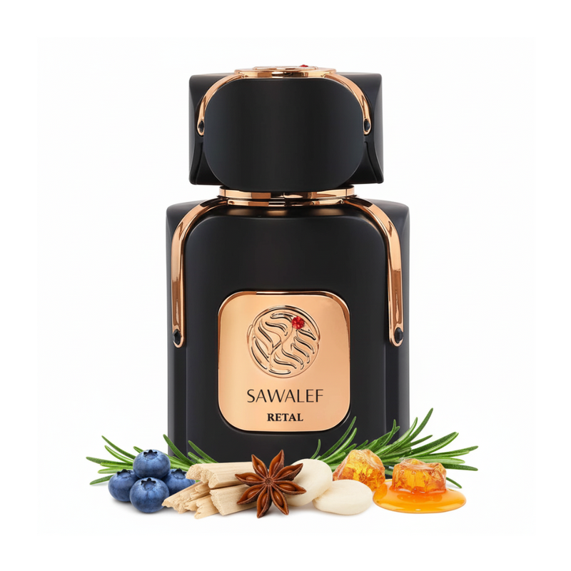 Perfume con notas de moras azules, anís, madera de cachemira, romero, ámbar, almizcle y miel