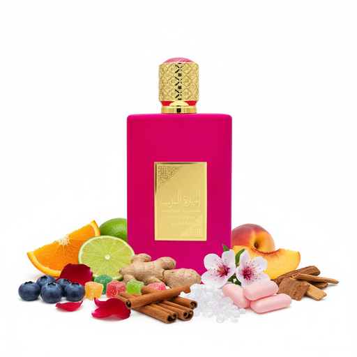 Perfume con notas de naranja amarga, limón, frutas confitadas, jengibre, rosa de Bulgaria, flor del duraznero, moras azules, durazno, goma de mascar, canela, ambroxan, cedro y almizcle