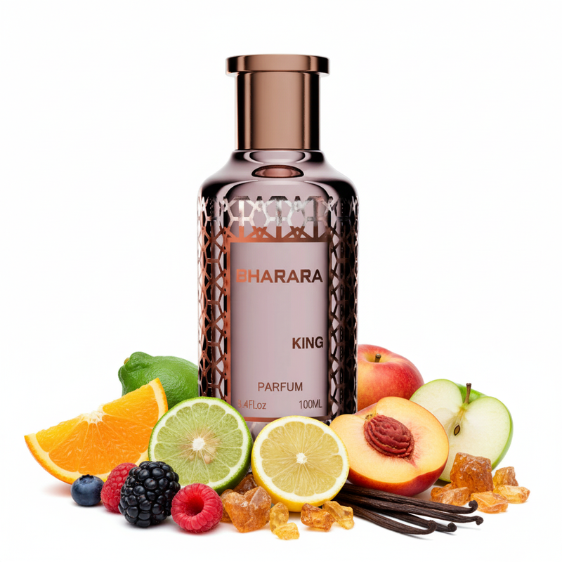 Perfume con notas de naranja, bergamota, limón, acorde afrutado, vainilla, almizcle blanco y ámbar