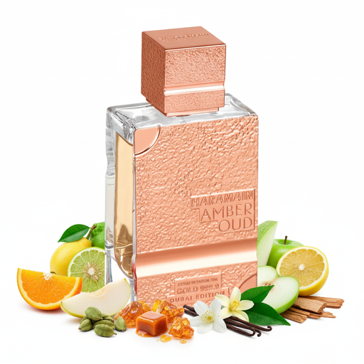 Perfume con notas de naranja, bergamota, pera, limón, caramelo, melón, manzana verde, cardamomo, jazmín, ámbar, vainilla, pachulí y cedro