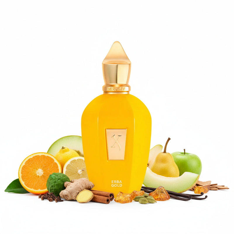 Perfume con notas de naranja brasileña, limón siciliano, bergamota de Calabria, jengibre, melón, pera, manzana verde, canela, cardamomo guatemalteco, clavo de olor, vainilla de Madagascar, almizcle blanco, ámbar y notas amaderadas