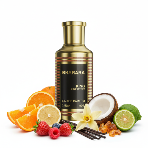 Perfume con notas de naranja dulce, bergamota, limón, frutas rojas, coco, almizcle blanco, vainilla y ámbar