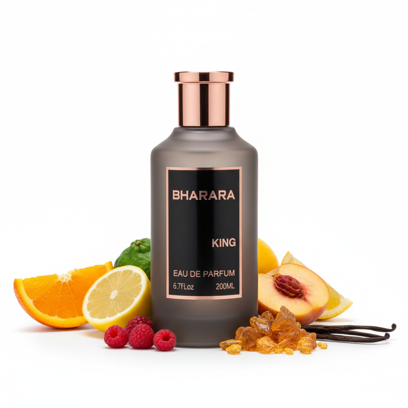 Perfume con notas de naranja, limón, bergamota, notas afrutadas, vainilla, almizcle blanco y ámbar