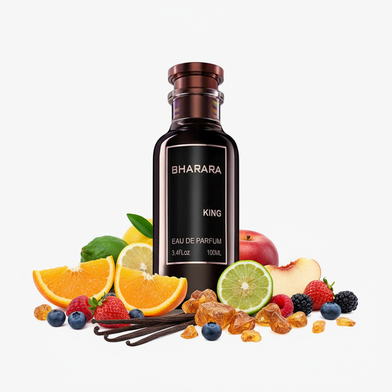 Perfume con notas de naranja, limón, bergamota, notas afrutadas, vainilla, almizcle blanco y ámbar