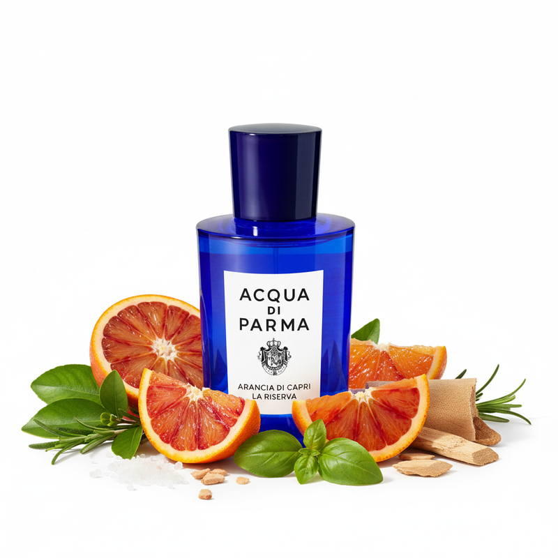 Perfume con notas de naranja sanguina, naranjo amargo, mandarina, petit grain, notas minerales, romero, albahaca, sal, ambrettolide, gamuza y cedro