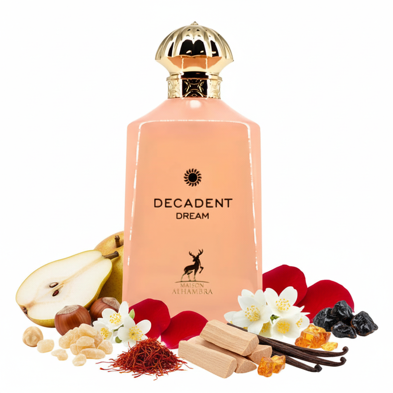 Perfume con notas de pera, avellana, incienso, osmanto, rosa, azafrán, jazmín sambac, sándalo, vainilla, ámbar gris y ládano