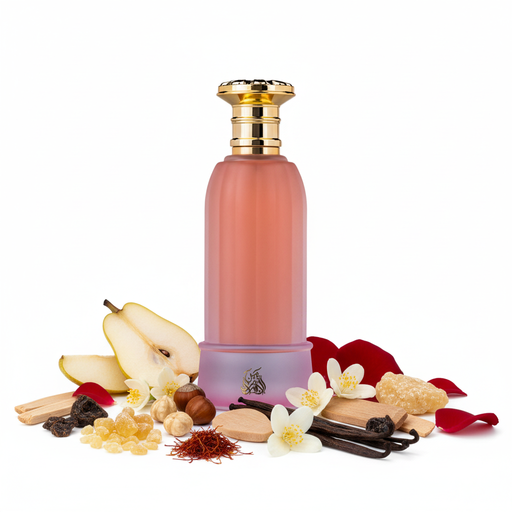 Perfume con notas de pera, avellana, olíbano, osmanto, rosa, azafrán, jazmín sambac, sándalo, vainilla, akigalawood, ámbar gris y ládano