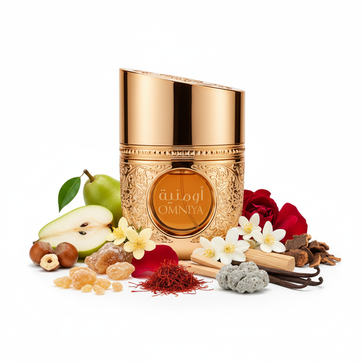 Perfume con notas de pera, avellanas, incienso, osmanthus, rosa, jazmín sambac, azafrán, sándalo, vainilla, akigalawood, ámbar gris y ládano