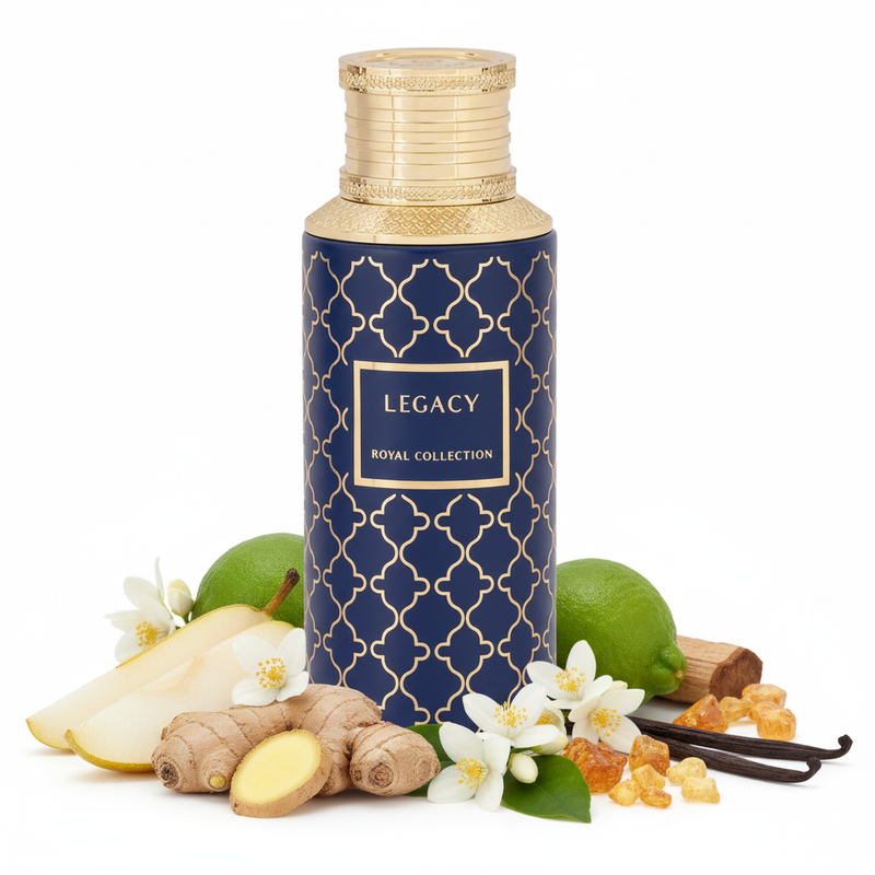 Perfume con notas de pera, jengibre, bergamota, jazmín, flor de azahar del naranjo, notas amaderadas, almizcle, ámbar y vainilla