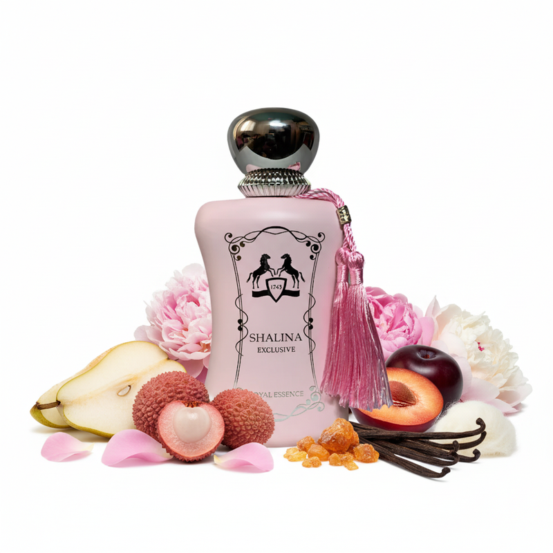 Perfume con notas de pera, lichi, rosa turca, peonía, ciruela, ládano, vainilla y almizcle blanco