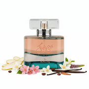 Perfume con notas de pera, rosa de laurel, café, flor de azahar, jazmín, extracto de flores de pachulí, vainilla gourmand y corteza de cedro