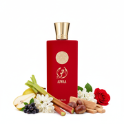 Perfume con notas de pera, ruibarbo, grosella negra, tuberosa, azahar, rosa, sándalo, castañas y notas amaderadas