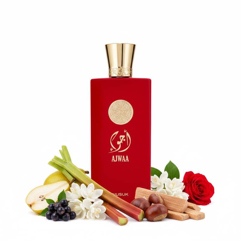 Perfume con notas de pera, ruibarbo, grosella negra, tuberosa, azahar, rosa, sándalo, castañas y notas amaderadas
