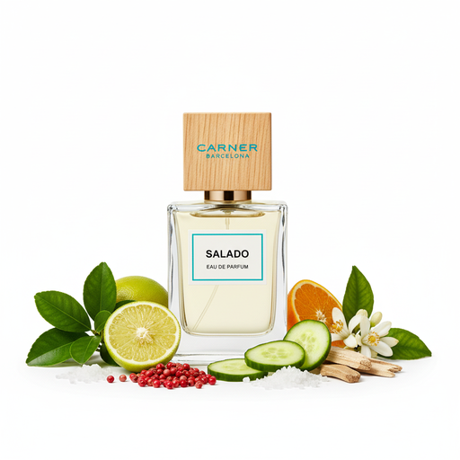 Perfume con notas de petit grain de Paraguay, bergamota, pimienta rosa, pepino, flor de azahar del naranjo, sal, almizcle y notas amaderadas