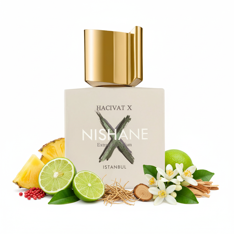 Perfume con notas de piña, bergamota, pimienta rosa, lima, flor de naranjo tunesino, jazmín, vetiver de Haití, pachulí y cedro