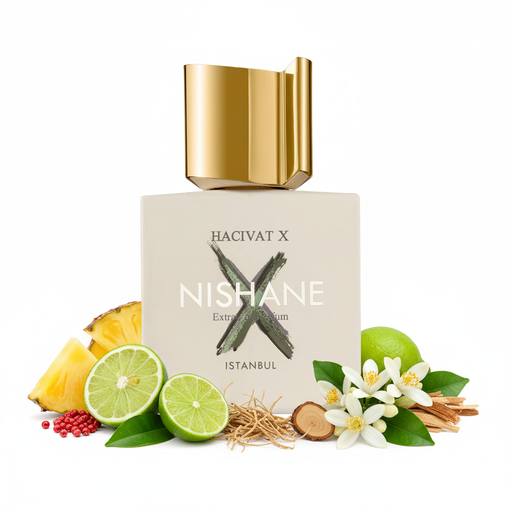 Perfume con notas de piña, bergamota, pimienta rosa, lima, flor de naranjo tunesino, jazmín, vetiver de Haití, pachulí y cedro