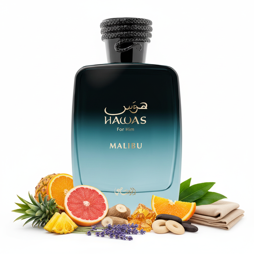 Perfume con notas de piña, naranja, pomelo, raíz de lirio, ámbar, lavanda, haba tonka, almizcle, pachulí y cachemira