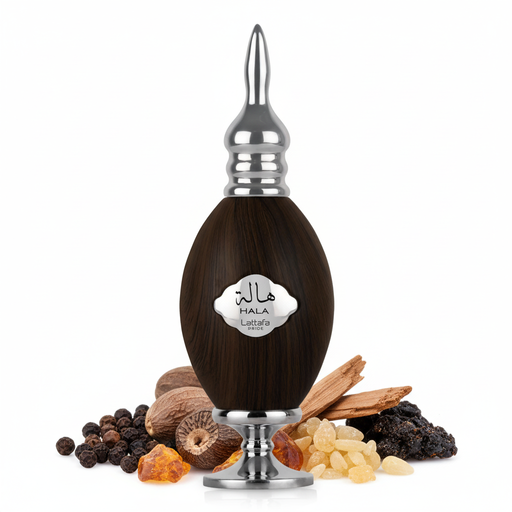 Perfume con notas de pimienta, nuez moscada, cedro, ámbar, incienso y ládano