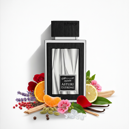 Perfume con notas de pimienta rosa, pimienta negra, cardamomo, mandarina, naranja, limón, lavanda silvestre, rosa, geranio, Ambrox Super, pachulí, vainilla, vetiver y notas amaderadas secas