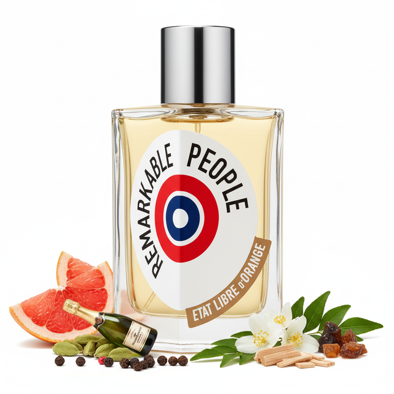 Perfume con notas de pomelo, champaña, cardamomo, pimienta negra, árbol del curry, jazmín, sándalo, Lorenox y ládano