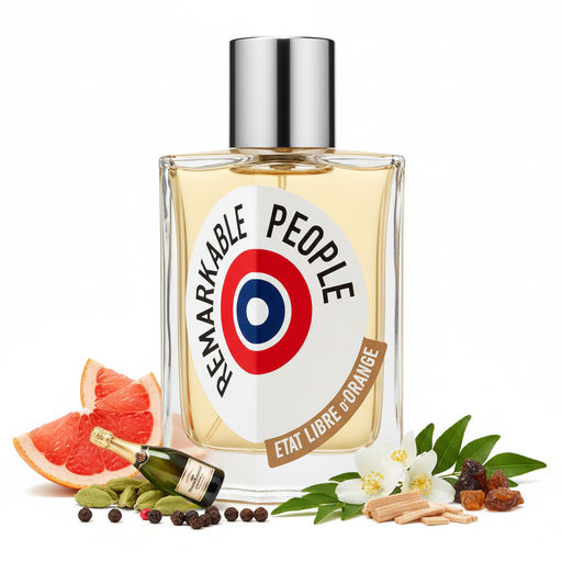 Perfume con notas de pomelo, champaña, cardamomo, pimienta negra, árbol del curry, jazmín, sándalo, Lorenox y ládano