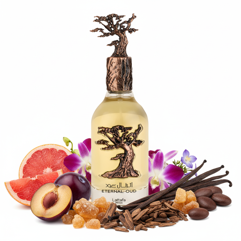 Perfume con notas de pomelo, ciruela, orquídea, heliotropo, ládano, vainilla, benjuí, ámbar, oud y haba tonka