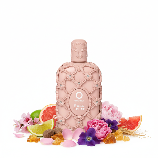 Perfume con notas de árbol de durazno, bergamota, toronja, nuez moscada, rosa, peonía rosa, violeta, almizcle, ámbar, benjuí y vetiver