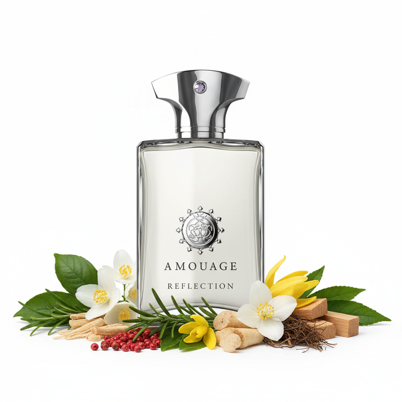 Perfume con notas de romero, pimienta rosa, petit grain, jazmín, neroli, raíz de lirio, ylang-ylang, sándalo, vetiver, cedro y pachulí