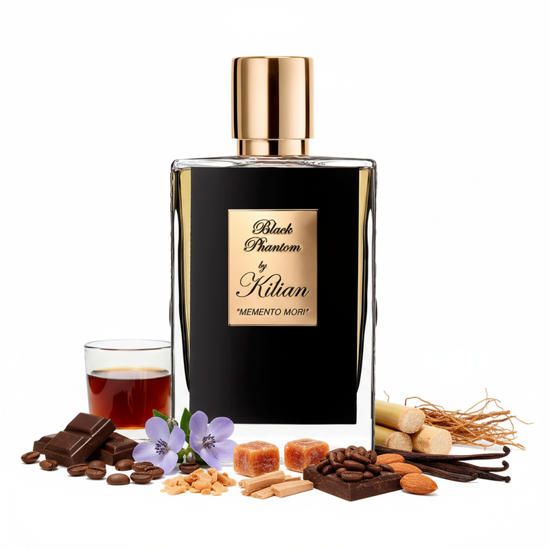 Perfume con notas de ron, chocolate oscuro, café, almendra, heliotropo, caramelo, caña de azúcar, sándalo, vainilla, haba tonka y vetiver