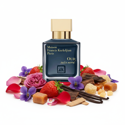 Perfume con notas de rosa de Bulgaria, violeta, fresa, rosa turca, madera de oud, vainilla, ámbar, benjuí, caramelo y cedro