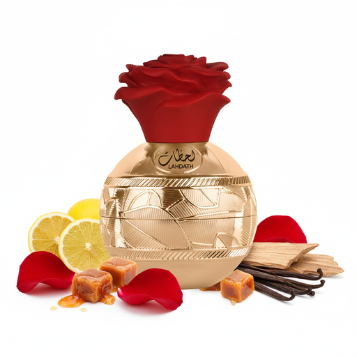 Perfume con notas de rosa, limón, caramelo, vainilla, almizcle y cedro
