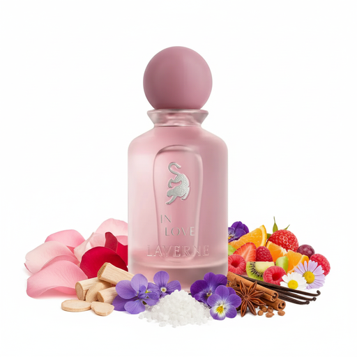Perfume con notas de rosas, amaderadas, iris, dulces, atalcadas, afrutadas, violeta, especiadas suaves, avainilladas y florales