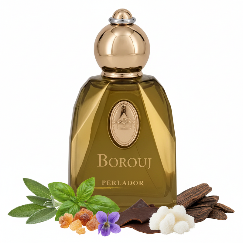 Perfume con notas de salvia, albahaca, violeta, incienso, cuero, almizcle y oud